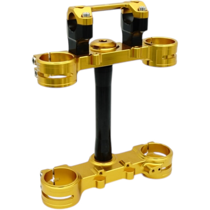 Gold anodized motorcycle triple tree clamp with black steering stem