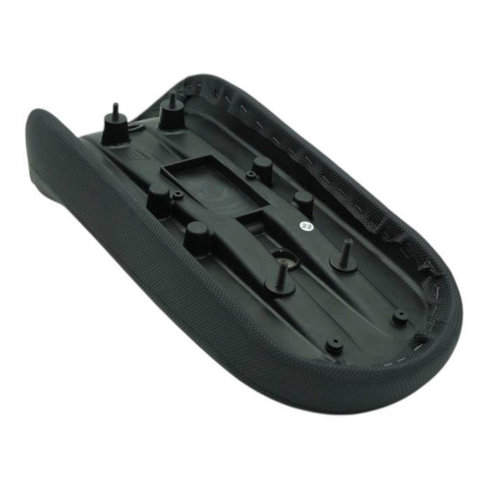 Replacement motorcycle seat base pan with mounting posts and textured trim