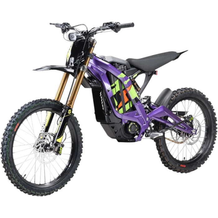 Purple electric dirt bike with black seat and off-road tires on white background