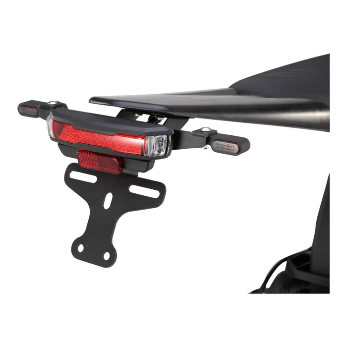 Rear motorcycle LED taillight with license plate bracket and turn signals