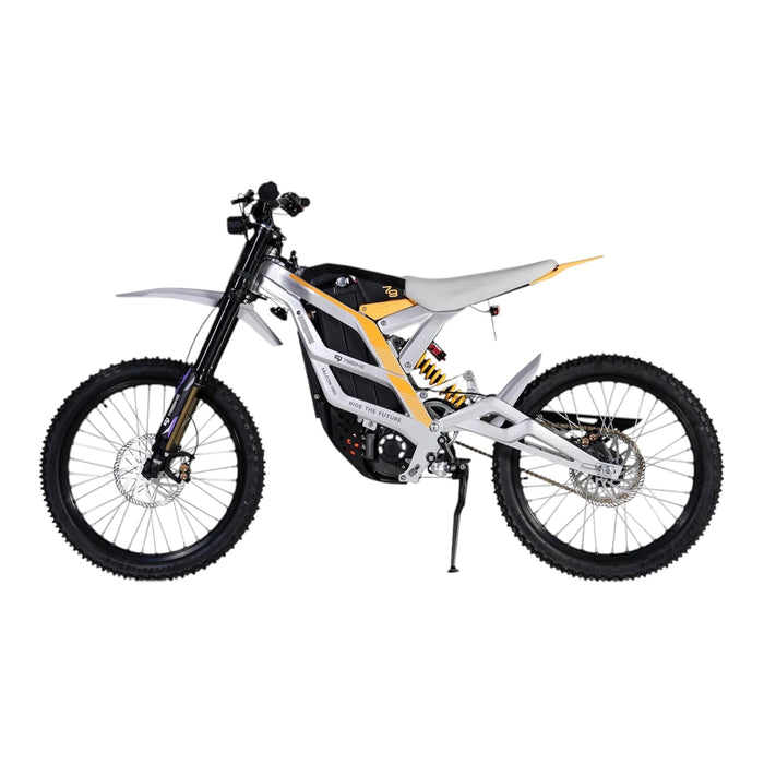 White and gold electric dirt bike with off-road tires and kickstand on white background
