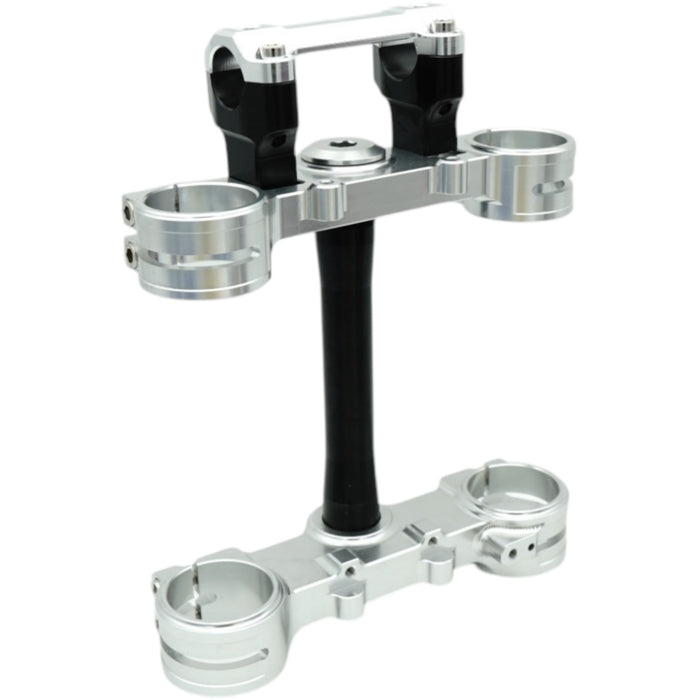 Silver motorcycle triple tree clamp with black steering stem assembly