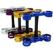 Anodized dirt bike triple clamps in blue, gold, purple and silver colors