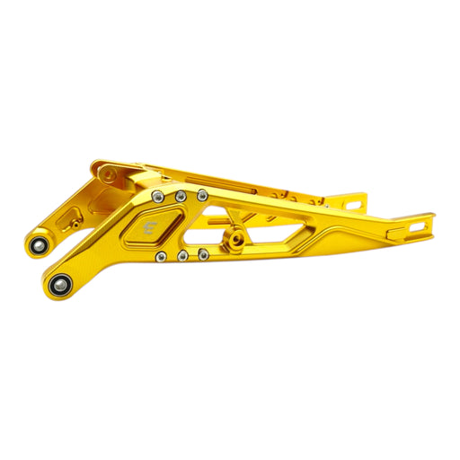 Gold-colored metal motorcycle swingarm with bolts and mounting points