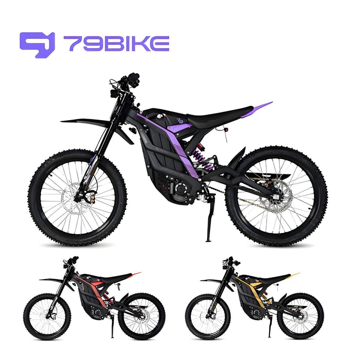 Three 79Bike electric dirt bikes in black with purple, red, and yellow accents.