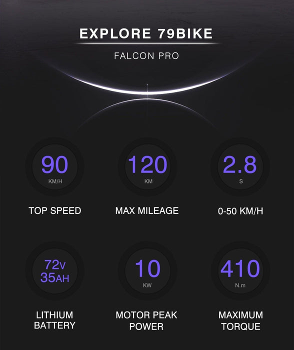 79Bike Falcon Pro specs: 90 km/h top speed, 120 km range, 10 kW motor power.
