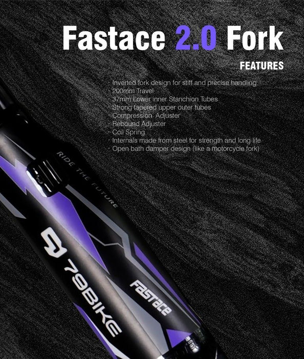 Fastace 2.0 fork with 200mm travel and coil spring, designed for precise handling.