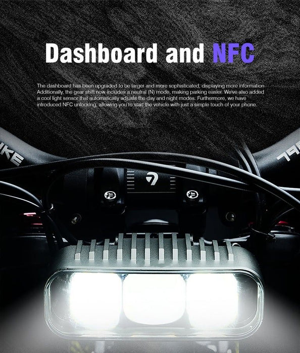 Dashboard and NFC feature on 79Bike electric bike with bright front light.