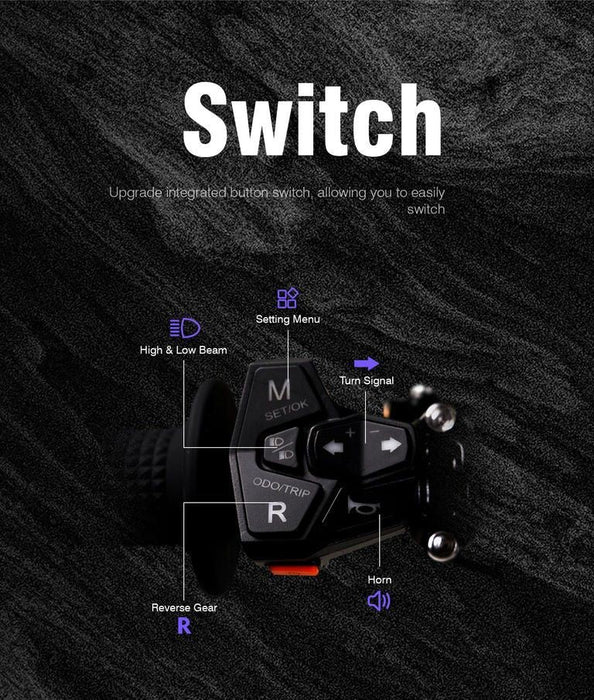 Motorcycle handlebar switch with buttons for lights, horn, signals, and settings