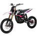 Pink and white off-road electric dirt bike side view, L1e street-legal model