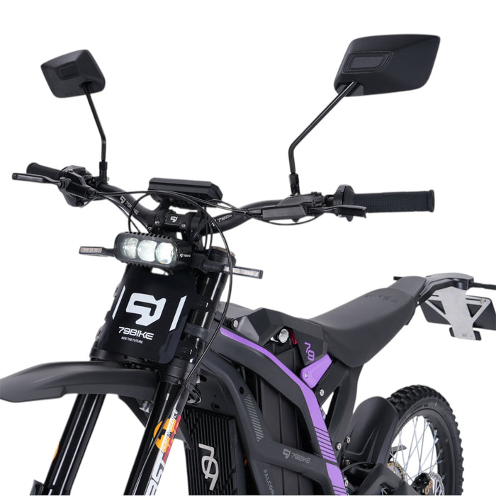 Detail Rückspiegel an 79 Bike Falcon Pro L1E mit Sicht auf Armaturen und Lenker