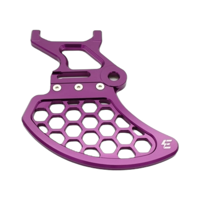 Purple anodized CNC chainring guard with honeycomb cutouts for e-bike