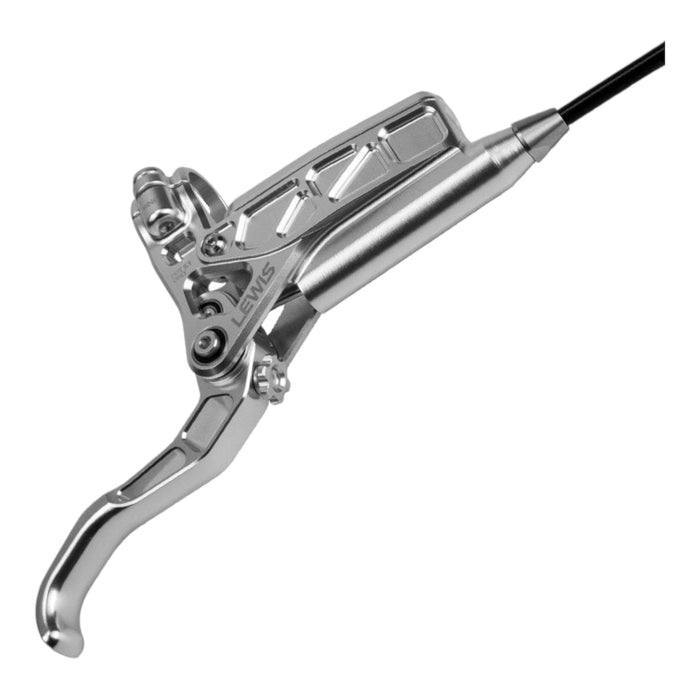 Silver Lewis motorcycle brake lever with adjustable pivot and cable assembly