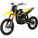 Yellow and black electric dirt bike with off-road tires on white background
