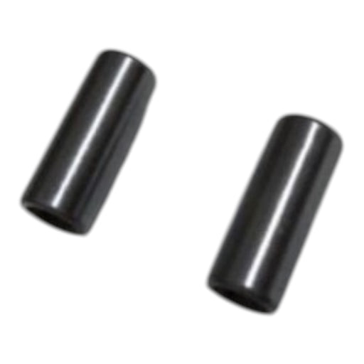 Pair of black cylindrical metal spacers for motorcycle or bicycle components