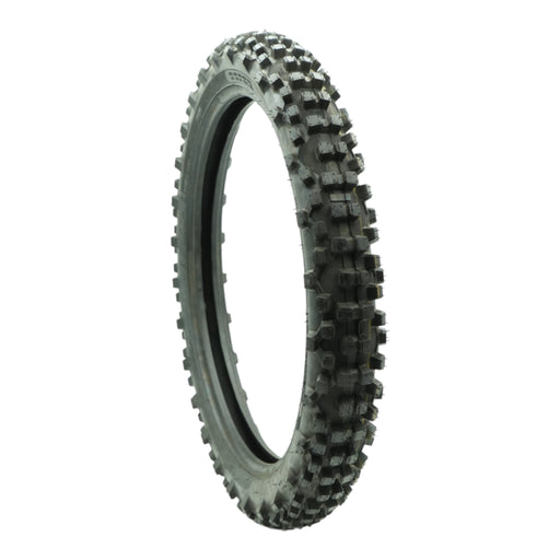 Knobby off-road motorcycle tire with aggressive tread for dirt and motocross