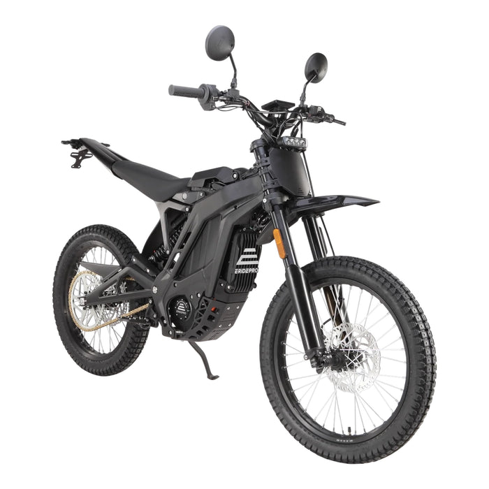 Black electric dirt bike with off-road tires and skid plate, side view