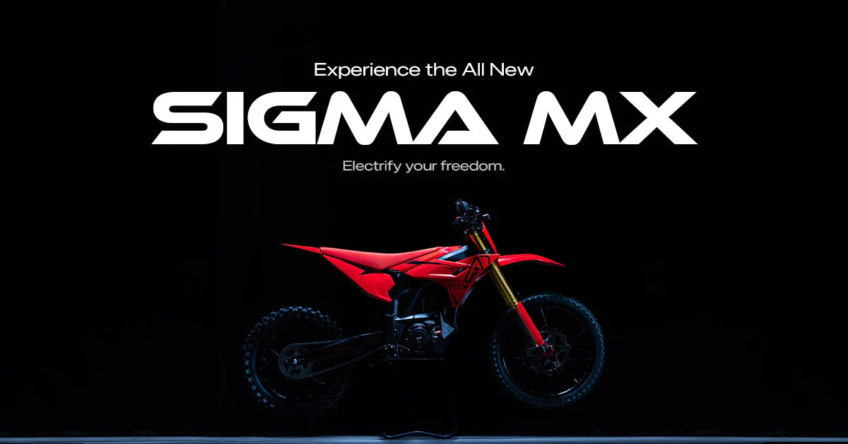 Sigma MX electric dirt bike on black background with "Electrify your freedom" text