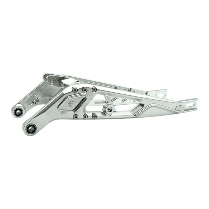 Polished silver motorcycle swingarm with adjustable linkage and bearings