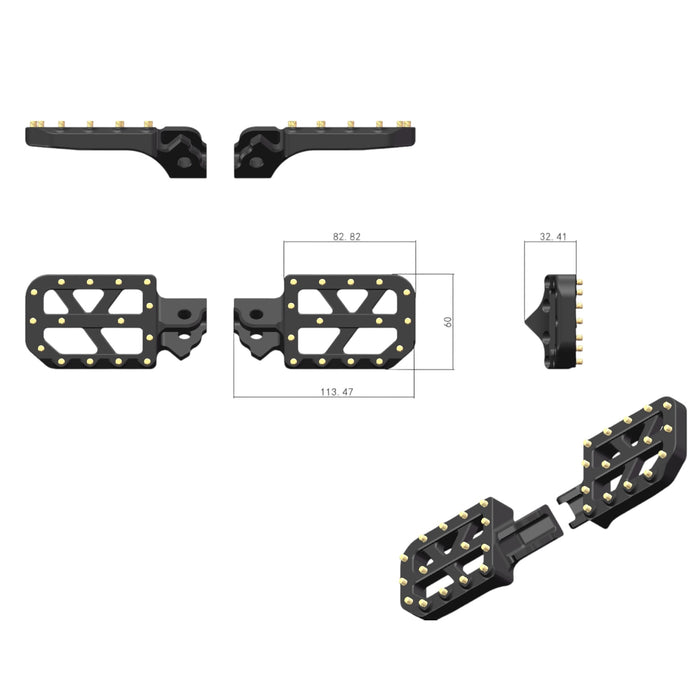 Black wide alloy foot pegs with traction pins and dimensions for e-bike/moped