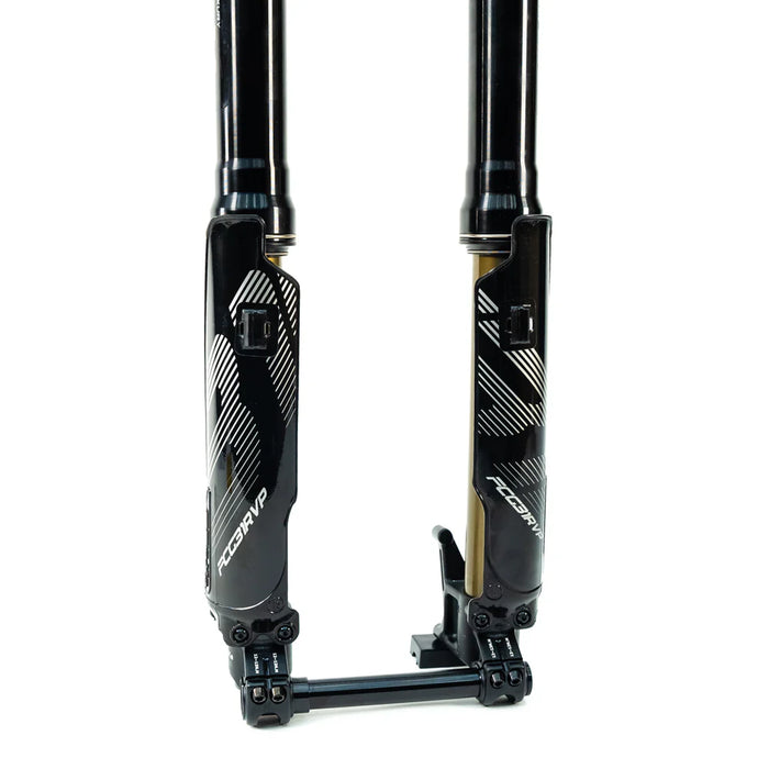 Pair of black motorcycle front forks with white graphics and axle mount.