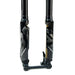 Pair of black motorcycle front forks with white graphics and axle mount.