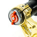 Close-up of a gold suspension fork adjuster with red dial and black text on white.