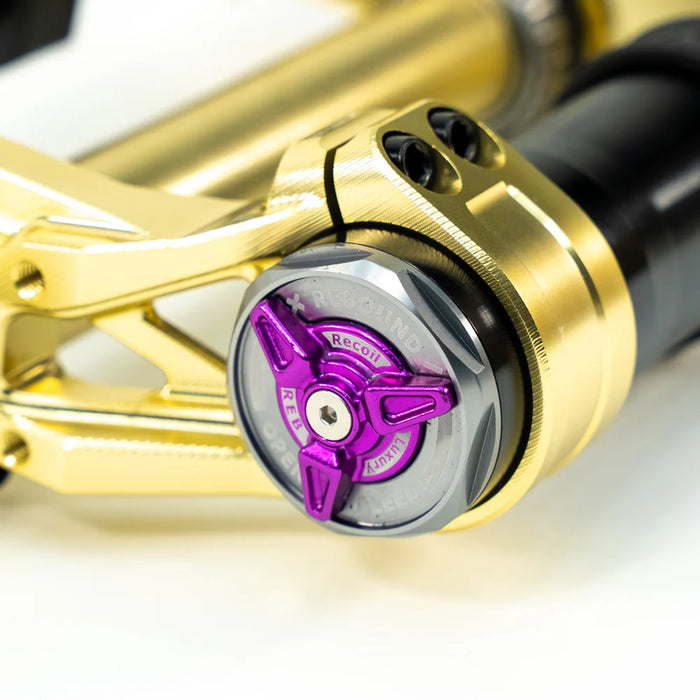 Gold motorcycle suspension component with a purple Recoil adjustment knob.