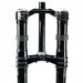 Black dual mountain bike suspension fork with clamps and adjustment knobs.