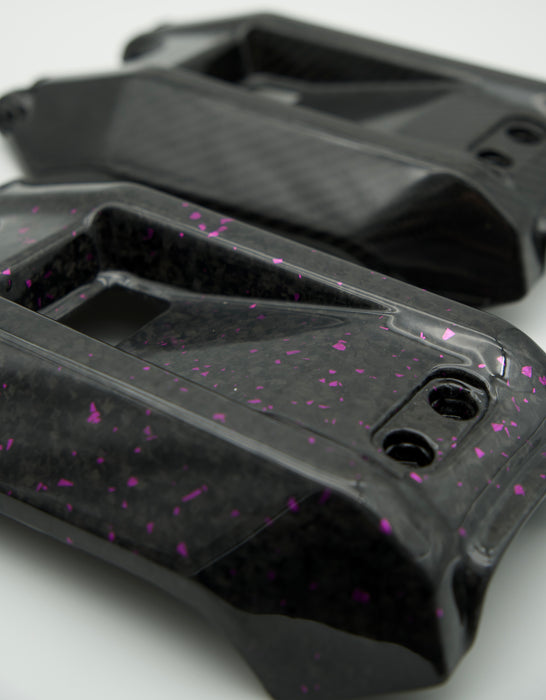 Glossy black motorcycle battery cover with purple speckled finish and mounting holes