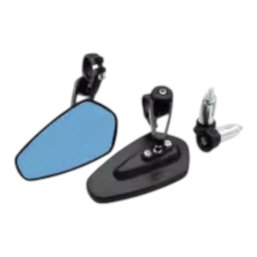 Black motorcycle bar end mirrors with blue tinted glass and mounting hardware