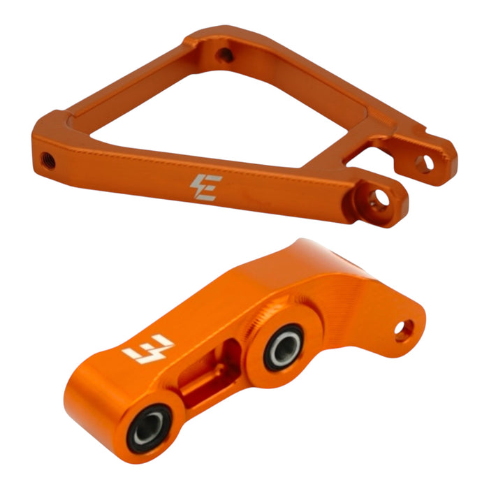 Orange anodized motorcycle swingarm and linkage arm with sealed bearings