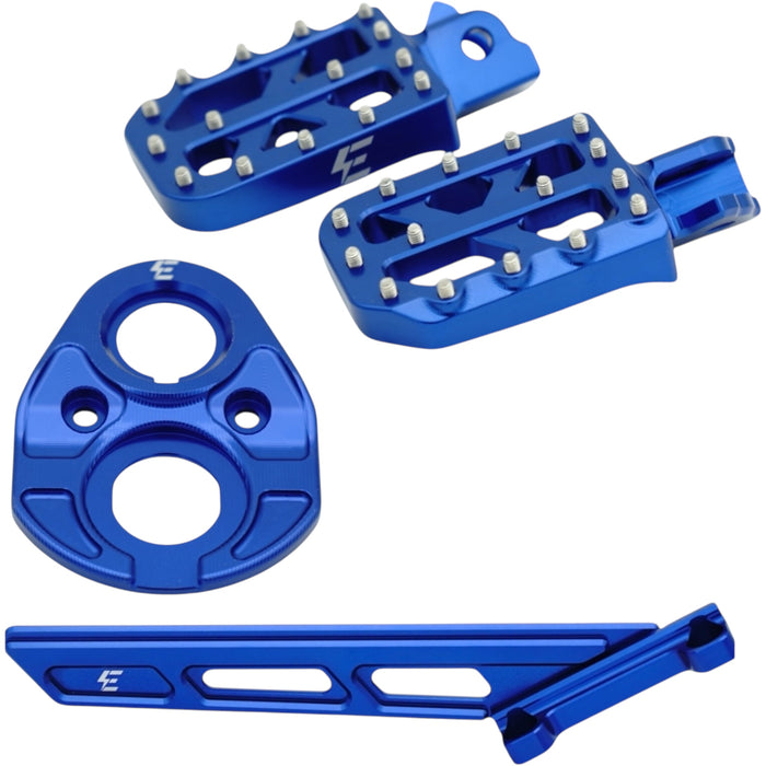 Blue anodized motorcycle footpegs and mounting kit with anti-slip pins