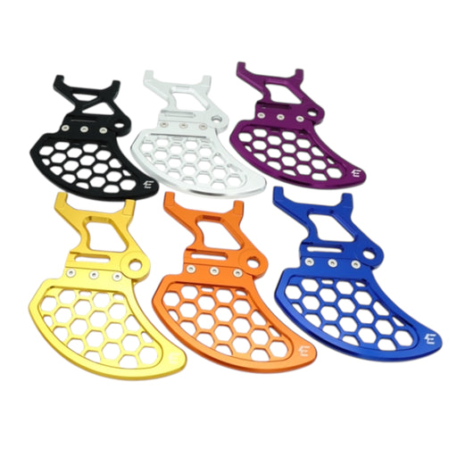 Anodized motorcycle sprocket guard covers in black, silver, purple, gold, orange, blue