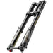 Black and gold mountain bike suspension fork with decals and axle on white.