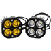 Pair of 4-LED motorcycle spotlights, one amber and one white, with wiring