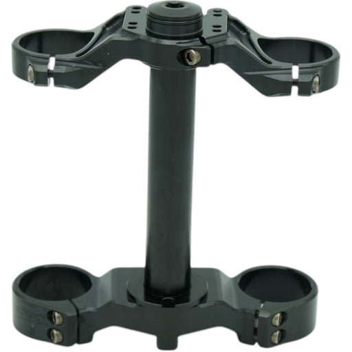 Black motorcycle triple tree clamp with black steering stem on white background.