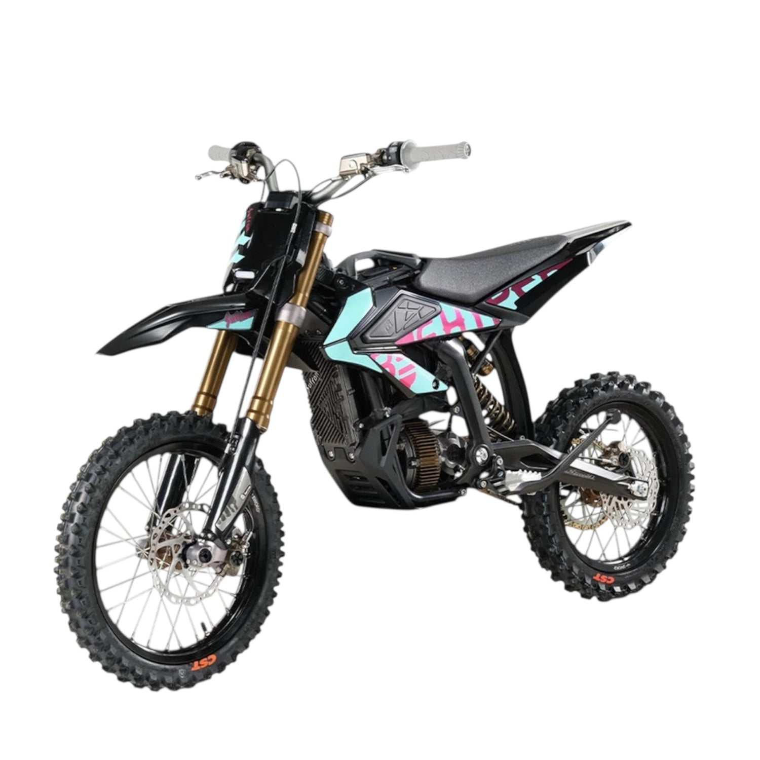 Electric Komodo dirt bike with knobby tires and gold front forks