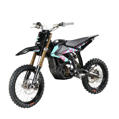 Electric Komodo dirt bike with knobby tires and gold front forks