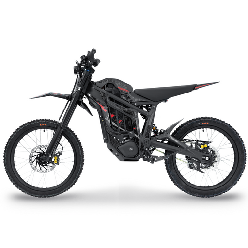 Side view of Talaria Sting MX5 electric off-road bike with black frame and tires