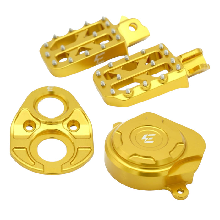 Goldfarbenes E-Ride Pro SS 3.0 Tuningkit mit Riemenschutz, Fußrasten und Abdeckung