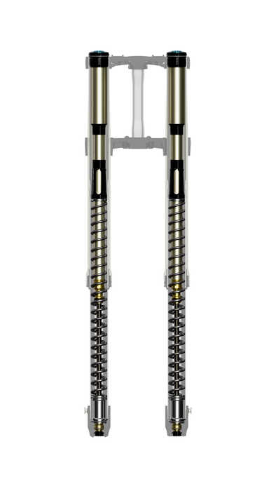 Cross-section of motorcycle suspension forks showing springs and damping components